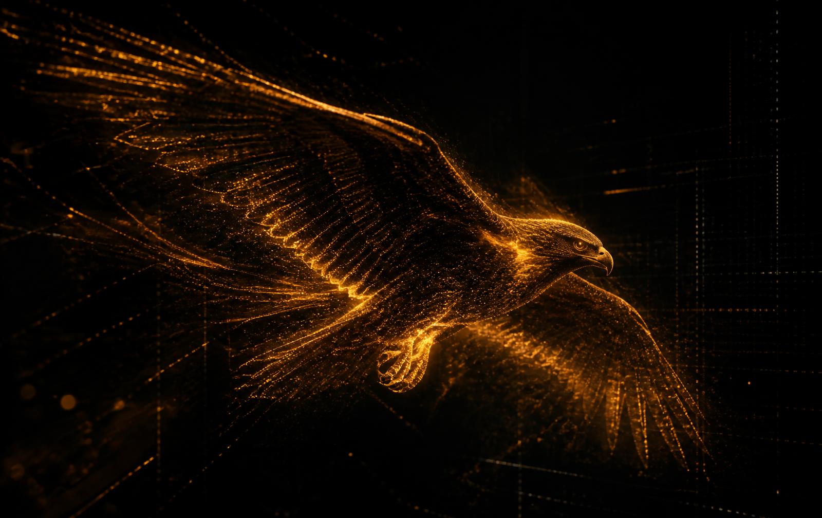 Golden hawk formed by particles of light